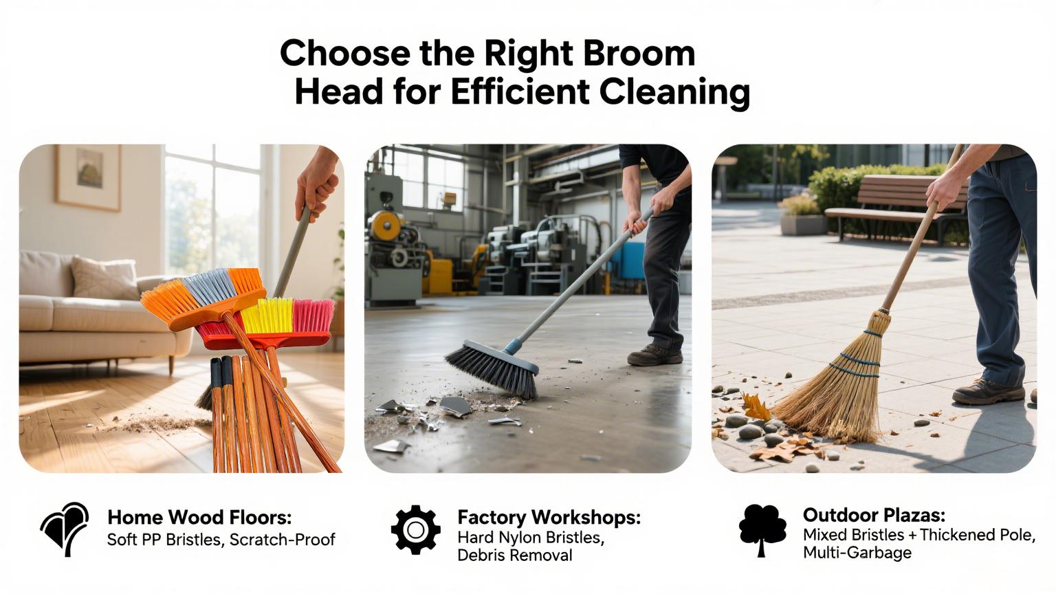 Which type of broom head should be chosen for different scenarios? 